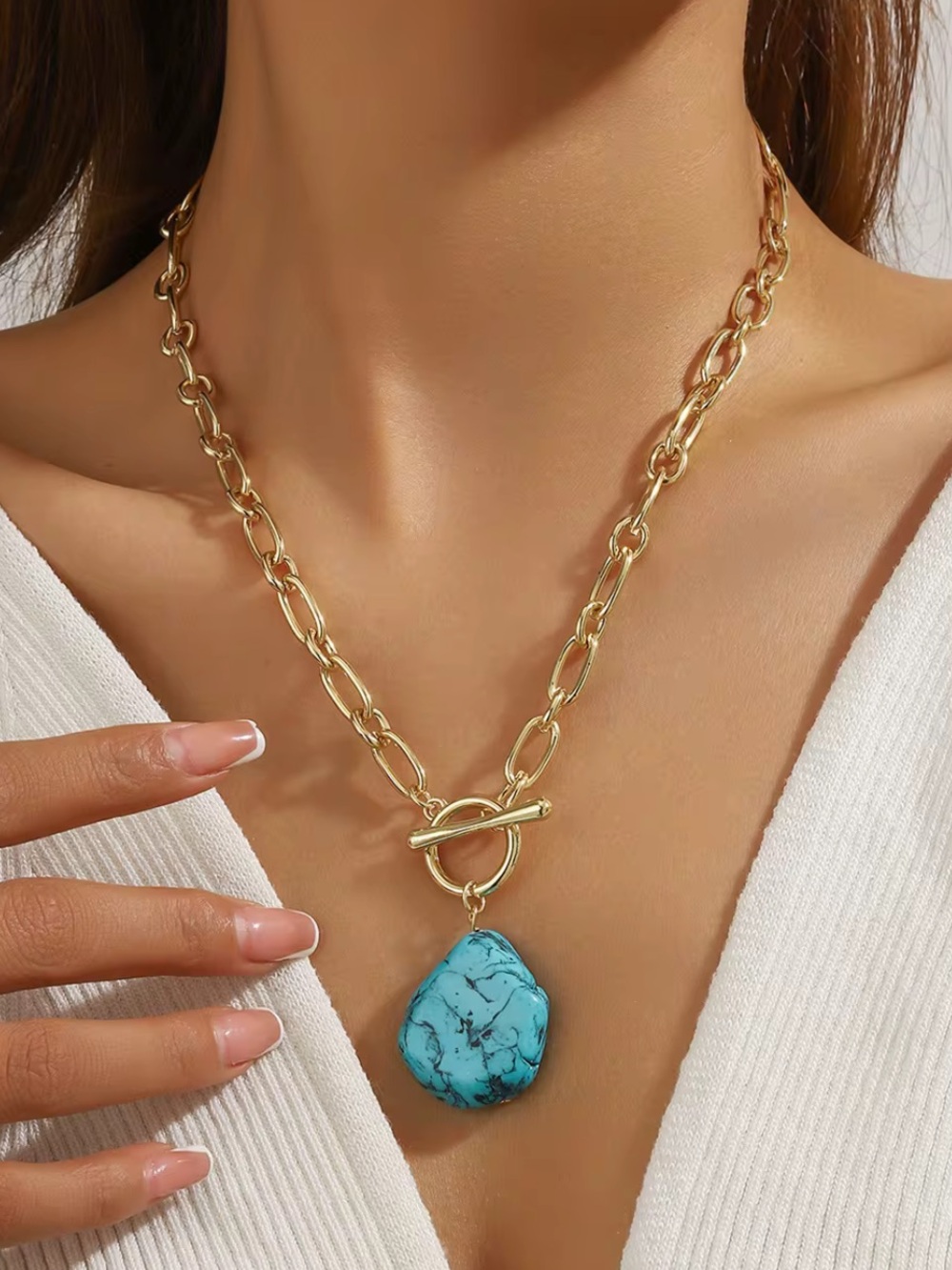 NWT 18K Gold Plated Link Chain Statement Toggle Necklace Turquoise  Pendant Boho - Picture 5 of 8